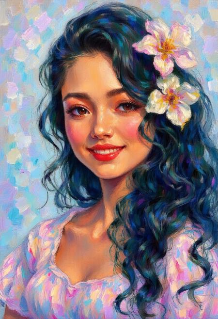 masterpiece, best quality, high quality, High resolution, ultra-detailed, hyperdetailed, breathtaking, intricate details, art style impressionist, painting, soft strokes,

1woman, cheerful, smiling, long curly black hair, focus on face, flower on one side of hair,

surreal light background, soft circular strokes, fluid edges, vibrant colors,

directional light, dramatic light, depth of field, high contrast, dynamic angle,
