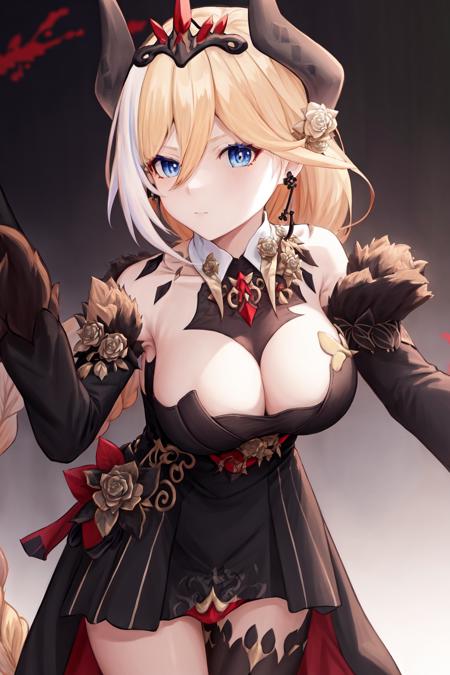 masterpiece, best quality, highres, 1girl blue eyes hair flower horns earrings braided ponytail tiara, black dress bare shoulders breasts cleavage black gloves long sleeves single thighhigh fur trim detached collar <lora:durandal_nibelungen_traumlied:1> leaning forward, outstretched arms