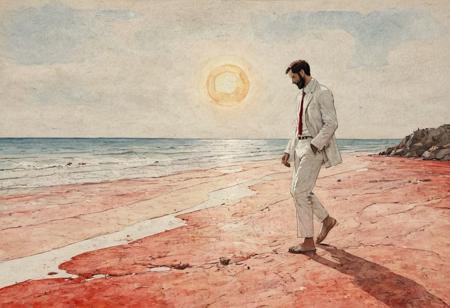 old book style ink illustration, on parchment, ink splashes, ink stains, ink smears, faded ink,(Digital Art by Peter Doig and Andrea Pisano: 1.2), A French man in a white suit, dressed in pure white clothes, walking on the beach, (lightweight suit), (canvas shoes), noon, baked by the bright sun, (sun high in sky), red sand, the magical solar aesthetics of mosaic art, unconventional supreme masterpieces, exquisite details, intelligent atmosphere, and gentle atmosphere. (Balanced central component, :0.5)