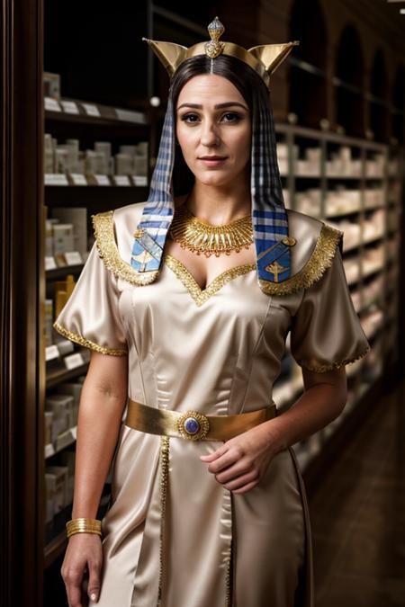 <lora:Suranne_Jones:1> masterpiece, best quality, detailed face, a mature s1873j, 1girl, solo, pharaoh costume ,  pharmacy , dusk