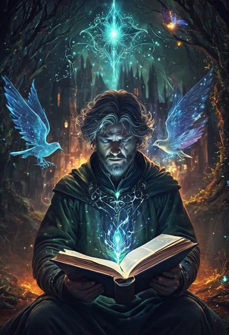 (telling secrets:1.6), (a calm man using mental powers to talk to a spirit, reading a book, pulling something off the page of the book:1.6), The Last War, the dying, scream with their last breath. (cosmic galaxy effects radiating off the man, hints of green magic coloring:0.5), (electric magnetic field around its head, glowing magic around its head, electric arcs spreading out from its mind:1.2), (medieval setting, green aura and bright:1.2), dusty, hazy, (blue aura, orange aura, dark and damning aura:1.3), (deep blacks, lightly grim:1.1), city interior walls,