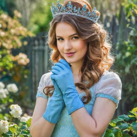 An exquisite princess with a crown on her headA young woman wearing blue gloves, Short Gloves, Gloves to fit the contours of the hand, Lightweight Gloves,  caucasian, in the garden, planting, gardening, spring, bright background, fine art, highest quality, highest detail, masterpiece, photo, photography, real, soft light, hdr, raw photo, 8k uhd, fuji xt3