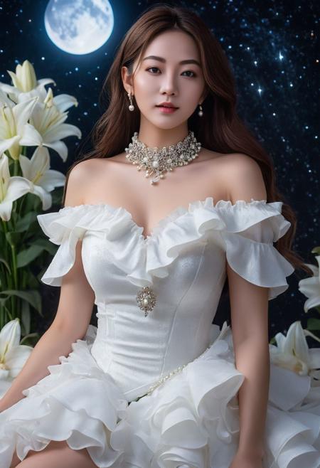 photorealistic, OLED, 1girl, Beautiful women, long hair, hair between eyes, very straight hair, half body portrait,  scheekbones, wide chin, wide lower jaw, soft freckles, (hazel eyes), brown cat eye makeup, brown lashes, , detailed face, realistic face, She is wearing a white ruffled dress with white roses, bare shoulder, ruffled choker with white pearls, she is happily snuggling up in it, very cute looking to viewer,  submissive eyes, satisfied face expression,  corsage with diamonds, pearls on choker and silver diadem crown, night sky, starlight, full body,  stands in a jeweled pavilion with columns in the romantic style surrounded by white lilies, Expressiveh, a beautiful woman with curvy body and huge breasts, sinozick style, flat color, dark theme, a white mage witch casting a white spell,  casting air magic, ritual, swirling air, white energy, flying petals,