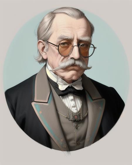 Hyper-detailed painting of a cool, chilled, confident elderly Victorian gentleman with an extravagant large straight symmetrical moustache, wearing round sunglasses, muted pastel colour scheme, studio lighting, plain background.