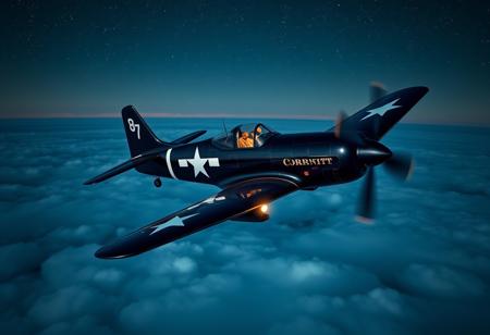 masterpiece, highres, best quality, high quality, highly detailed, upscale, clear image, sharp image, sharp focus, sharp lines, high definition, photograph, Vought F4U Corsair bf-109, flying over clouds, star filled sky, night sky