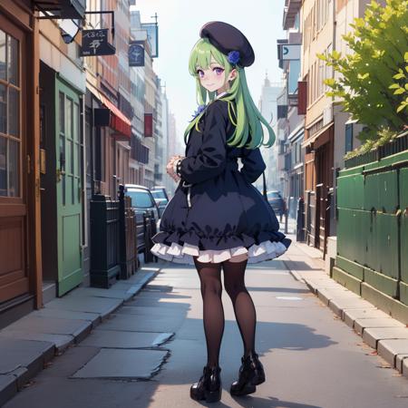 <lora:ennafol_v2:.8>,1girl,solo,best_quality,masterpiece,purple_eyes,very_long_hair,ennafol, flat chest,green_hair,hat_flower, outdoors,full_body,beret,blue_rose,generaloutfit,from_behind,green_hair,black_jacket,coat,open_clothes,center_frills,dress,long sleeves,frilled_skirt,collared shirt, looking at viewer, own hands together, blush,smile,short dress, zettai ryouiki,