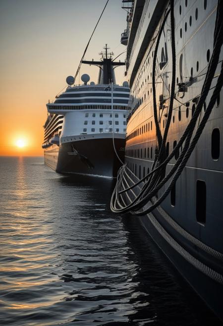 Low angle, close-up view of thick steel cables mooring a large cruise ship.  Dark gray and black steel cables, with intricate braided structure, dominate the foreground, filling most of the image.  The cables are in sharp focus,  emphasizing their texture and strength. Water reflections of the ship and the setting sun are visible on the calm water surface, creating a mirrored effect. The ship, a large, black and white vessel, is partially visible behind and slightly above the cables.  A smaller dark submarine is moored next to the cruise ship.  Soft golden-orange light from the setting sun illuminates the scene, creating a warm atmosphere with dramatic highlights and shadows.  The water surface is calm and reflects the sky and the ship's silhouette. Rocky shoreline elements are visible in the lower portion of the image.  Coastal scenery is apparent in the background with muted colors. The image has a serene and peaceful mood, highlighting the connection between the ship and the port.  Photographic realism, meticulous detail, dramatic lighting, maritime style.