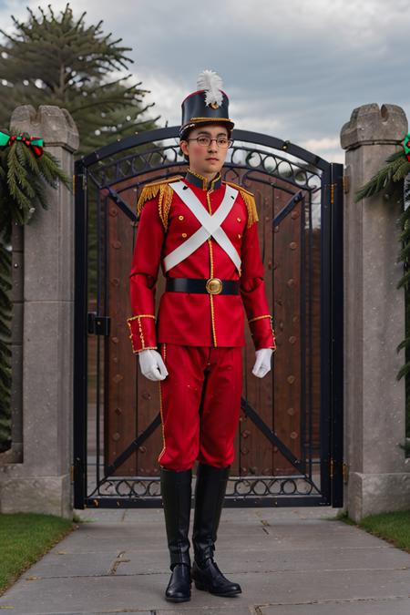 RAW photo, figma, a portrait photo of 20 y.o man wearing glasses, (wearing christmas toy soldier costume), (standing straight next to the castle gate), out door, full body, 8k uhd, high quality, film grain, Fujifilm XT3, <lora:christmas_toy_soldier_costume-02:0.6>,  <lora:figmaAnimeFigures_figma:0.7>