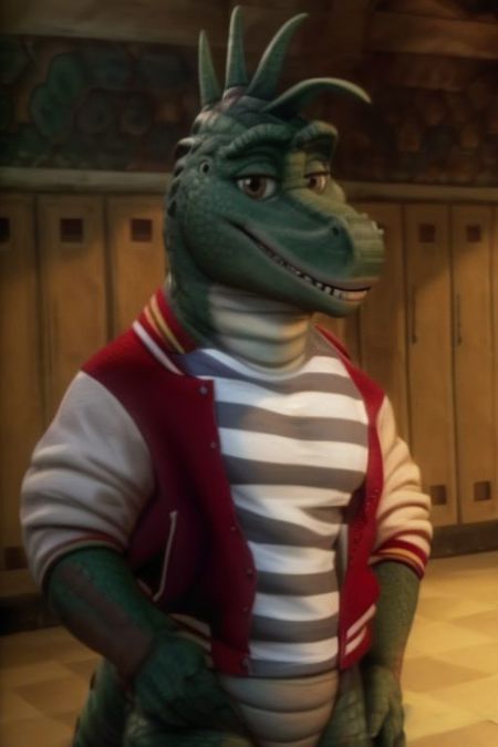 Robbie Sinclair Dinosaurs Green Scales Letterman Jacket Red-sneakers Socks Striped shirt