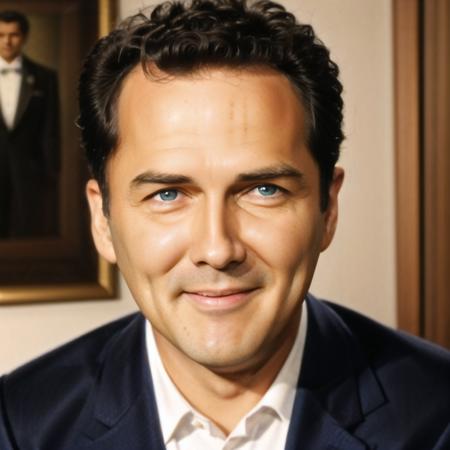 1man, 8k picture of NormMacdonald, (black suit and tie:1.2), (young man), dimples, (small room background:1.25), (view of upper body:1.35),

intricate, highly detailed, photoreal, realistic, masterpiece, 

 <lora:NormMacdonaldV0:0.86>, masterpiece, best quality, highest quality, focused, 8k wallpaper, extremely detailed, highly detailed face, highly detailed eyes, ultra realistic, photorealistic, sharp focus, absurdres, HDR, high contrast, photograph, detailed and intricate, highly detailed, digital painting, artstation, smooth, sharp focus, cinematic