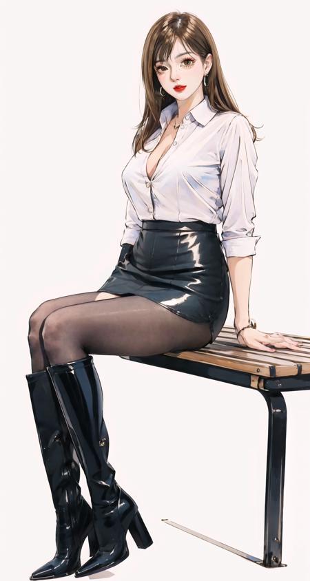 ((((masterpiece)))), ((((highly detailed)))),[[[realistic art]]],((full body)), wide shot, (simple background), (white background:1.4),  1girl, mature female, kendolllegver, high heel boots, latex, pantyhose, sitting on bench,from side, breasts, ((blonde hair)), skirt, solo, large breasts, looking at viewer, shirt, long hair, blue eyes, cleavage, bangs, white shirt, blush, smile, collared shirt, black skirt, button gap, earrings, jewelry, bra visible through clothes, shirt tucked in, pencil skirt, office lady,   <lora:kdlegver:0.85:FUZU>