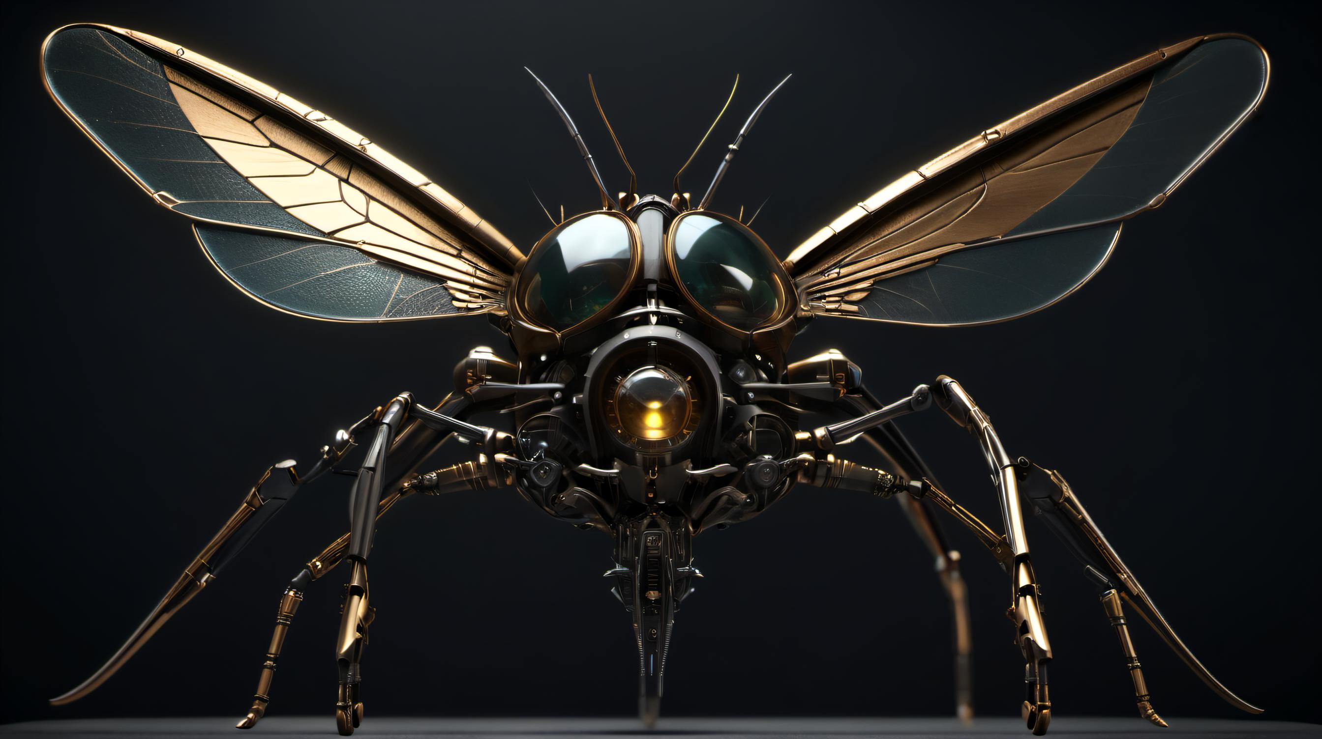 An insect-shaped robot with gold wings and a green, glowing eye.