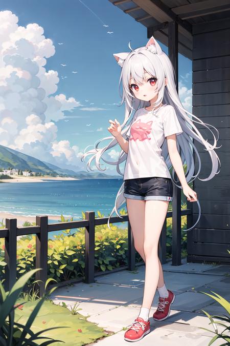 (((masterpiece))), best quality, illustration, young girl, 1girl with light white long hair, beautiful detailed red eyes, light white long straight hair, ((cute)), (petite), slim, solo, solo focus, standing, full body, sky, t-shirt, shorts, cat ears