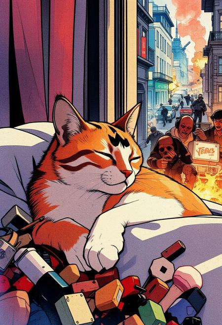 Paint a serene yet dynamic watercolor scene in the Flux art style, where a sleeping cat is *fully nestled within a pile of food*. The cat’s body, rendered in soft, car color orange, brown, white with a black M in his forehead, in a soft pillow near to a building window, inside an apartment, outside a city in chaos, zombie invasion, cars in fire,
running away from the zombies,