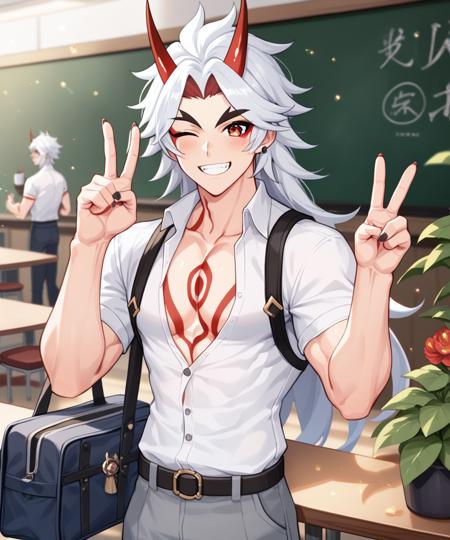 arataki itto, genshin impact, red eyes, 1boy, male focus, solo, white hair, long hair, oni horns, red hair