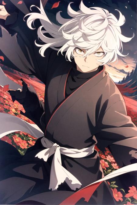 (masterpiece:1.2, best quality), Gabimaru, 1boy, male focus, solo, white hair, yellow eyes, looking at viewer, torn clothes, black robe, white belt, closed mounth, holding kata facing the moonlight on a hill with forest in the background, flowers, blossoms, red flowers, cinematic lighting, blood splashes, blood, cowboy shot, detailed background, complex structures, hyperdetailed sharp face, dynamic pose