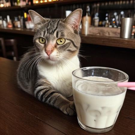 A bored cat sitting at a bar, drinking milk from a straw