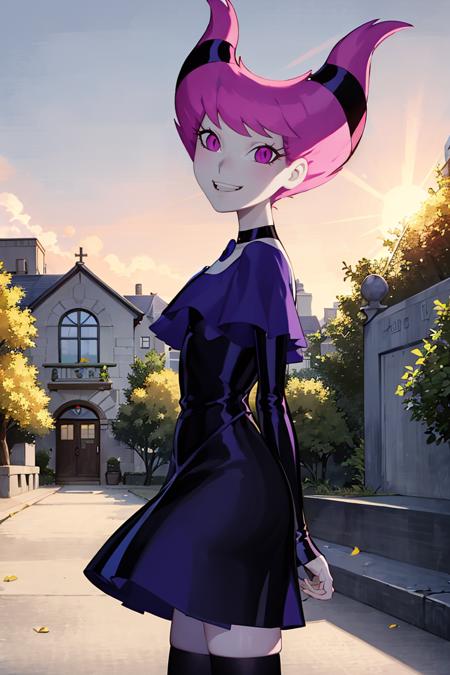 ((masterpiece,best quality)), absurdres, <lora:Jinx_TeenTitans:0.8>, Jinx_TeenTitans,   1girl, solo, pink eyes, pink hair, grey skin, hair up, pale skin, medium hair, hair horns, solo, smiling, looking at viewer, cowboy shot, white sundress, sun hat, flowing winds, sunny, outdoors,