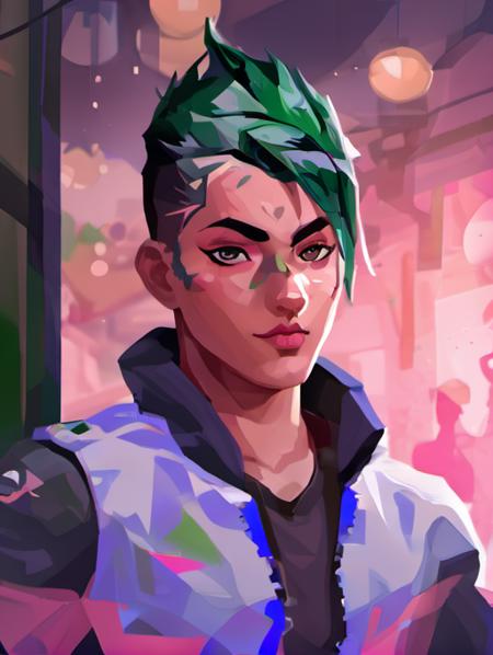 valorant art style, 1boy, blush, green hair, pink eyes, portrait, <lora:valorant_art_style-000007:1>