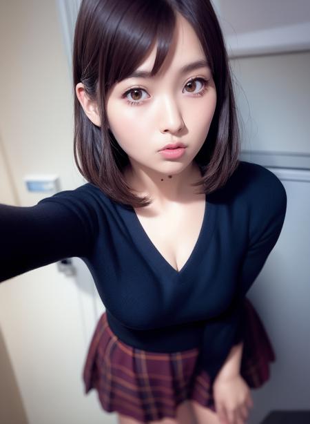 wide angle, floating hair,lipstick,eyelashes,pout, 
looking at viewer, intricate,selfie, pose,skirt,
unparalleled masterpiece, ultra realistic 8k CG, clean, beautiful face,  <lora:UesakaSumire_LoCon:0.65>