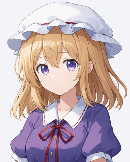 maribel hearn, mob_cap, 1girl, short_sleeves, looking_at_viewer, solo, holding, white_shirt, bow, white_headwear, simple_background, upper_body, fedora, closed_mouth, white_background, purple_dress, expressionless, red_ribbon, black_skirt
<lora:maribel_hearn_image1596_2023-12-20-000014:1>,star-shaped_pupils,symbol-shaped_pupils,. gorgeous,key visual, vibrant, studio anime,award-winning, professional, highly detailed,high budget, cinemascope