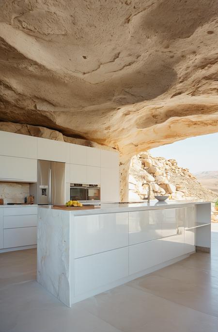 award winning interior photo, photograph, ultra photorealistic, photorealism, film still of inside a modern white spacious (kitchen in a smooth stone cave:1.25), smooth shading, desert, daylight, bright colors, hyper realistic, modern, surreal, lights, minimalistic studio architecture, behance, halation, bloom, dramatic atmosphere, rule of thirds, 8k uhd, dslr, high quality, film grain, Fuji Superia X-TRA 400
