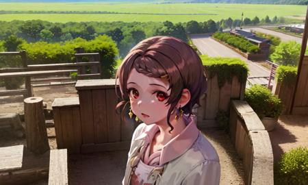 (masterpiece:1.3), (best quality:1.3),solo,1girl, brown hair, red eyes, solo, one red bowknot on hair,hairclip, earrings,short_hair, hair_ornament,countryside,outdoors, realistic background,