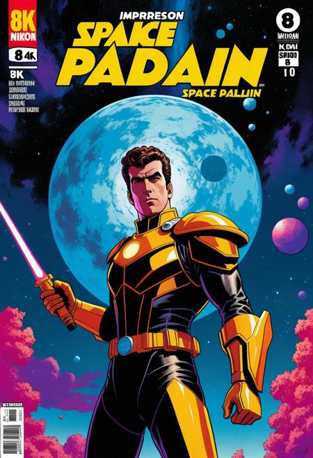 Impressionism, surreal, Space paladin, comic book art fake comic cover, Drawn By Cosmo Kramer, bold colors, fauve, kurasov, 8k, wide angle, photography, bokeh, nikon lens, 64 megapixels sharp focus