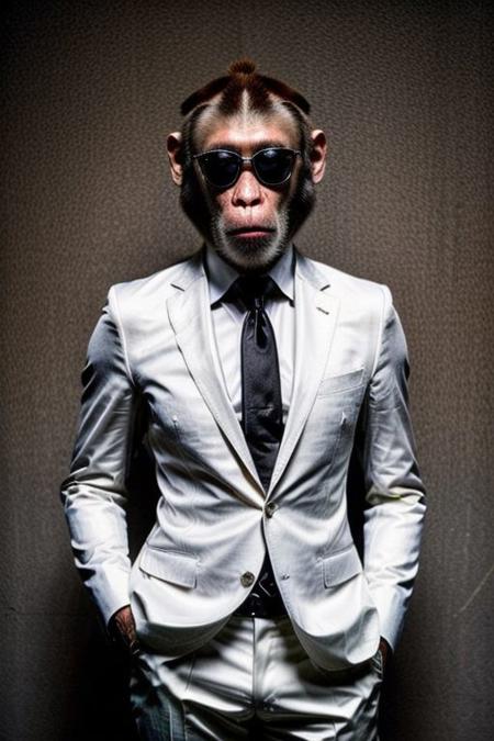 (analog photo) of a ((gangster monkey)) wearing a (italian black buisness suit with a white shirt and black tie) and wearing black Rayban style sunglasses, serious face,  (hands in pockets, confident posture,) masterpiece, Fine art photography, award winning photography, epic realism