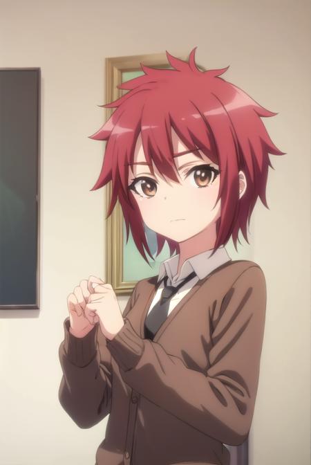 aoiyusa, <lora:aoi yusa s2-lora-nochekaiser:1>,
aoi yusa, short hair, (brown eyes:1.3), red hair,
BREAK school uniform, necktie, shirt, white shirt, collared shirt, cardigan, brown cardigan,
BREAK indoors, classroom,
BREAK looking at viewer, (cowboy shot:1.5),
BREAK <lyco:GoodHands-beta2:1>, (masterpiece:1.2), best quality, high resolution, unity 8k wallpaper, (illustration:0.8), (beautiful detailed eyes:1.6), extremely detailed face, perfect lighting, extremely detailed CG, (perfect hands, perfect anatomy),