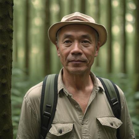 RAW photo, a portrait photo of 55 y.o man, traveler clothes, standing in the forest, natural skin, 8k uhd, high quality, film grain, Fujifilm XT3
