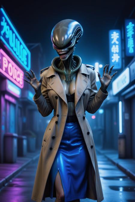 female xenomorph in hands up pose, laughing, cyberpunk street, wearing trenchcoat, blue skirt and black tube top <lora:female_xenomorph_sdxl_V2:0.8> lips, at night, blue police lights, blue neon signs