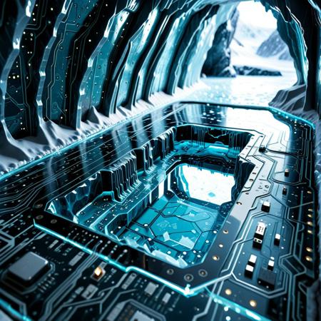 lazympos, depth of field, hyperrealistic, masterpiece, intrincate details, TzigoCBS,
ice cave made of circuit boards, (transparent ice walls·transparent ice floor:1.2).
a lone explorer centered on the image