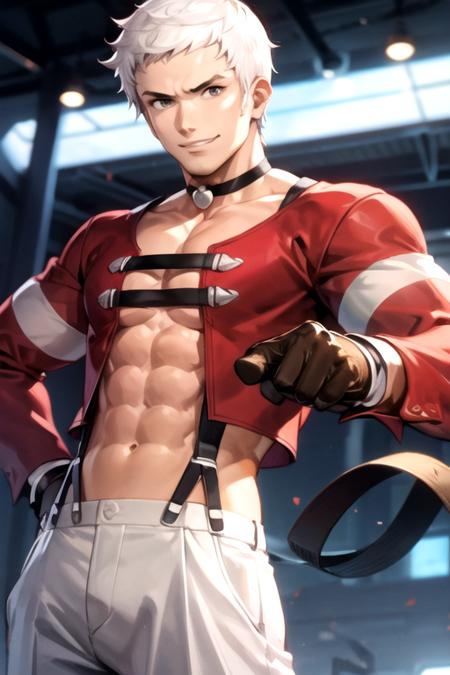 <lora:Yashiro-06:0.7>, yashirokof, solo, looking at viewer, smile, short hair, gloves, 1boy, navel, white hair, male focus, choker, pants, stomach, muscular, black choker, abs, suspenders, pectorals, muscular male,  bara, brown gloves, large pectorals, sideburns, white pants, pectoral cleavage, pointing at self