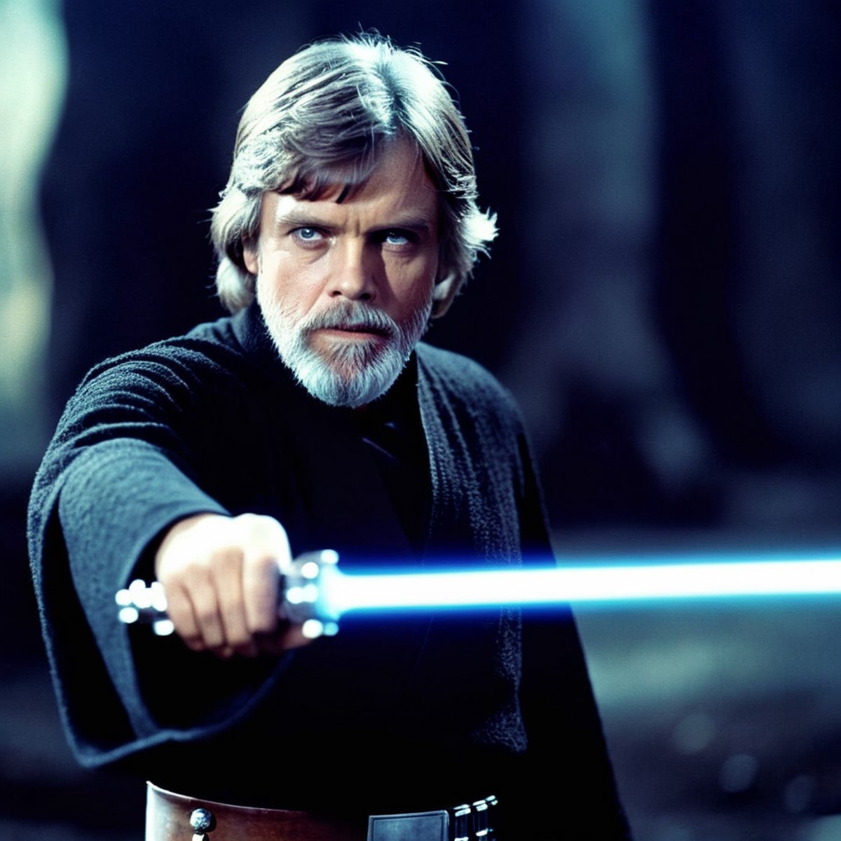 cinematic film still of  <lora:Luke Skywalker:1.2>
Luke Skywalker a man with a grey beard and a light saber in star wars u...