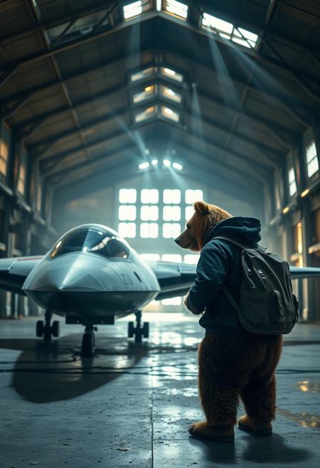 An anthro grizzly bear urban explorer wearing a black hoodie is examining an alien delta-wing spacecraft in an abandoned aircraft hangar. The bear is carrying a backpack. The air is dusty and rays of light can be seen shining through windows near the ceiling. Highly detailed high contrast photograph with high dynamic range and vibrant shadows and light.