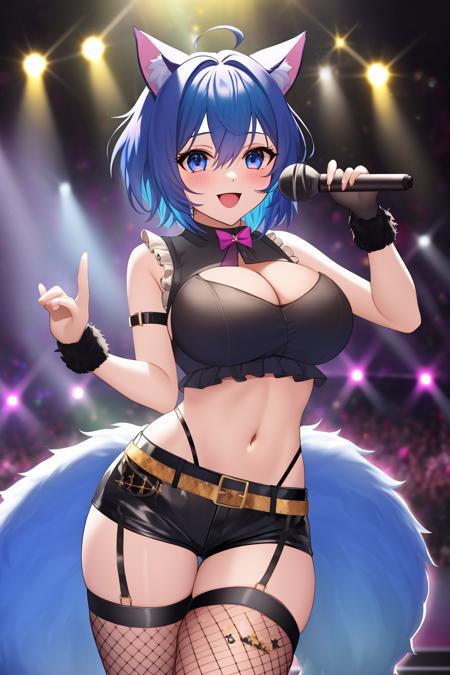 1girl, solo, breasts, looking at viewer, blush, smile, short hair, open mouth, bangs, blue eyes, large breasts, shirt, thighhighs, gloves, bow, navel, holding, animal ears, cleavage, hair between eyes, bare shoulders, medium breasts, blue hair, standing, tail, white shirt, pink hair, ahoge, :d, thighs, multicolored hair, cowboy shot, frills, shorts, sleeveless, choker, black gloves, midriff, belt, black thighhighs, virtual youtuber, cat ears, hand up, fingerless gloves, stomach, two-tone hair, crop top, cat tail, animal ear fluff, black shirt, short shorts, clothing cutout, sparkle, sleeveless shirt, black choker, black shorts, thigh gap, cleavage cutout, cat girl, fishnets, armband, microphone, blue shorts, gold trim, colored inner hair, underbust, confetti, arm strap, holding microphone, idol, fishnet thighhighs, stage, stage lights, glowstick