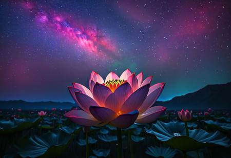 rp_slgd, lotus, dramatic light, night, milky way, star sky, glowing, aurora, trippy,