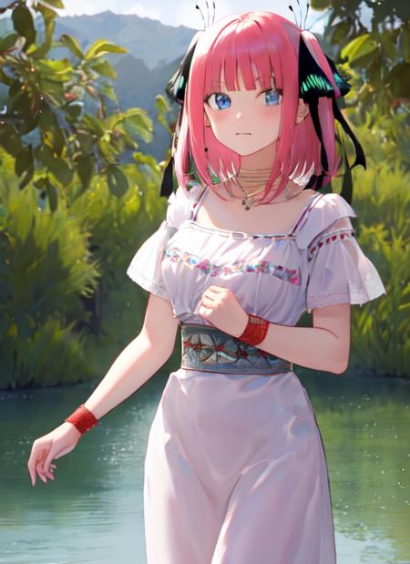 masterpiece, best quality, highres,ninonakano, <lora:ninonakanotest:1>, nino nakano, short hair, bangs, blue eyes, hair ornament, hair ribbon, pink hair, blunt bangs, two side up, butterfly hair ornament, jewelry, otavalenian dress, short sleeves, standing, cowboy shot, in front of a lake, <lora:otavalenianClothes:1>