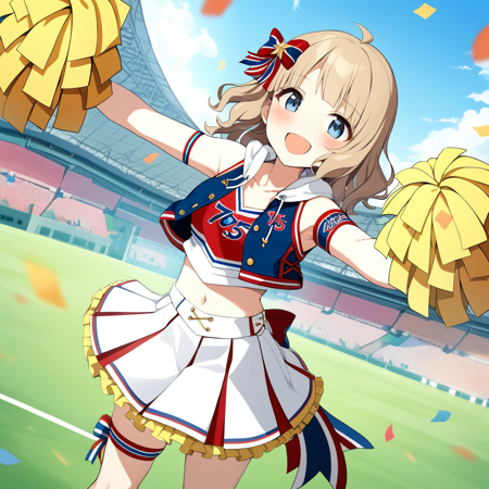 1girl, suou momoko, going charmy, miniskirt, sleeveless, frilled skirt, tree, looking at viewer, long hair, hair ribbon, blue sky, open clothes, short hair, hoodie, blush, pom pom (cheerleading), open mouth, collarbone, blue eyes, :d, kneehighs, brown hair, hood, ahoge, armpits, cheering, stadium, cheerleader, vest, standing, arm up, arms up, sky, thigh strap, day, clothes writing, smile, bare shoulders, hair bow, dutch angle, white gloves, holding, wavy hair, striped bow, white skirt, white legwear, grass, sleeveless shirt, hair ornament, outdoors, outstretched arms, grey hair, white footwear, confetti, armband, midriff, navel, crop top, holding pom poms, cloud, wristband, solo focus, blonde hair, socks, shoes, eyebrows visible through hair, pleated skirt, blue vest, open vest, red bow, multicolored bow, star hair ornament, arm ribbon, hood down, drawstring, two-tone skirt, back bow, striped ribbon, thigh ribbon, hooded vest, masterpiece, best quality <lora:suou_momoko_sdxl_v1:0.7>