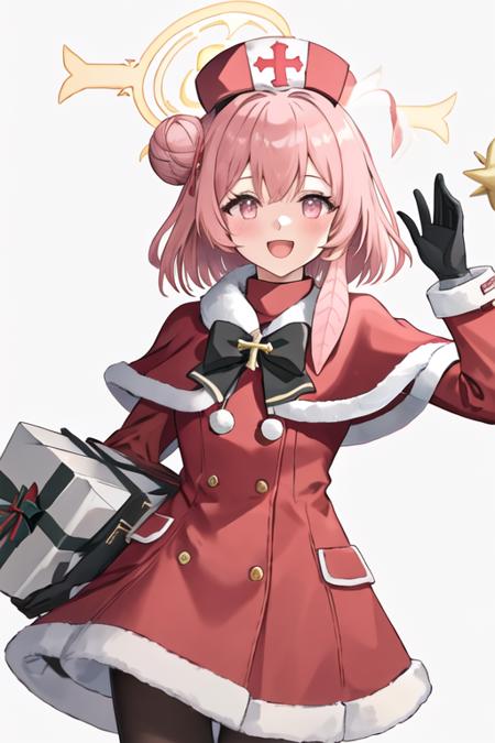 best quality, masterpiece, highres, solo, {serina_bluearchive:1.15}, pink_hair, halo, pink_eyes, hat, blush, smile, ribbon, open_mouth, nurse_cap, bangs, hair_bun, 1girl, bell, beret, black_gloves, christmas, gloves, holding, looking_at_viewer, official_alternate_costume, red_capelet, red_headwear, simple_background, white_background, bow, capelet, fur_trim, red_coat, :d, feathers, long_sleeves, upper_body, coat