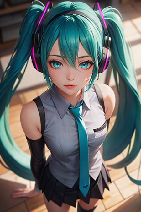 realistic, perfect lighting, (masterpiece, best quality, high detailed, high-definition:1.4), high detailed eyes, 1girl, mature female, idea face, hatsunemiku, (Hatsune Miku, glowing eyes), miku hatsune, ahoge, aqua eyes, aqua hair, crossed bangs, hair between eyes, hair ornament, headphones, long hair, twintails, aqua necktie, black footwear, black skirt, black sleeves, boots, collared shirt, detached sleeves, grey shirt, necktie, pleated skirt, shirt, skirt, sleeveless, sleeveless shirt, thigh boots, tie clip, upper body, close-up from above, depth of field, looking at viewer