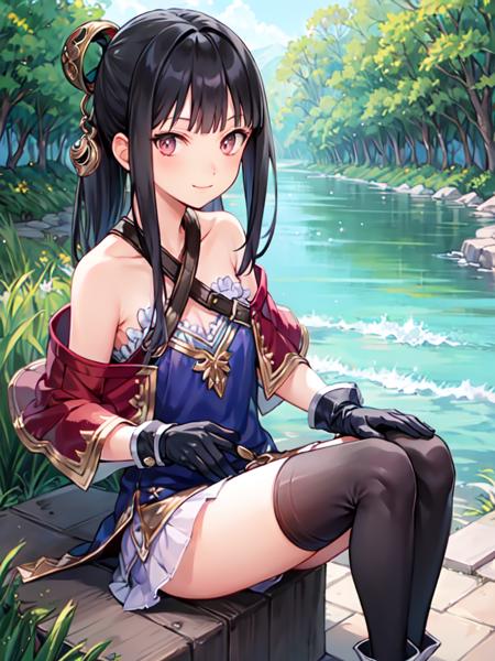 charmimi, 1girl, solo, masterpiece, best quality, gloves, hair ornament, bare shoulders, thighhighs, sitting, looking at viewer, black gloves, upper body, black footwear, closed mouth, smile, halterneck,outdoors, river, <lora:mimi1a-000014:0.8>