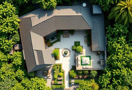 Seen from a high-angle bird's-eye view, this three-generation garden house is nestled in vibrant greenery, designed to foster family togetherness and daily functionality. The house is structured around a central open courtyard, where lush plants and a small water feature create a serene atmosphere. Surrounding the courtyard, the home’s main areas extend in a “U” shape: on one side, a grand living-dining space (~40 sqm) accommodates large family gatherings, seamlessly flowing into a modern kitchen equipped for daily meals and family celebrations.
Adjacent to the communal areas, an ancestors' worship room connects with the living room, embodying tradition and respect. Bedrooms for each generation are thoughtfully positioned for privacy: a spacious room for elderly family members faces the garden for easy access; the middle-generation rooms feature flexible layouts; and smaller rooms for younger members complete the family-oriented design. Verandas and shaded patios provide relaxation spaces overlooking the garden paths, vegetable patches, and seating nooks for evening gatherings, blending indoor and outdoor spaces harmoniously. The overall design balances openness with cultural intimacy, creating a peaceful family haven amidst nature.