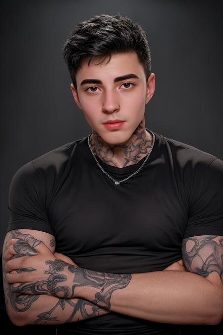 closeup headshot photo of male jakipz <lora:jakipz-08:0.85> wearing a form-fitting black t-shirt, simple dark gray backdrop, soft directional lighting, confident expression, neck tattoo