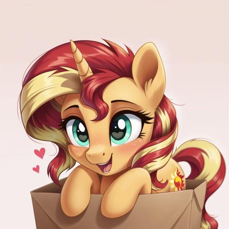 score_9, score_8_up, score_7_up, score_6_up, score_5_up, score_4_up, sunset shimmer, pony, unicorn, g4, blushing, box, cute, female, happy, heart eyes, mare, open mouth, pony in a box, simple background, solo, weapons-grade cute, wingding eyes, (detailed cute pony face), detailed eyes, detailed fur, beautiful, vector, flat colors, (beautiful long eyelashes), full-length character at screen