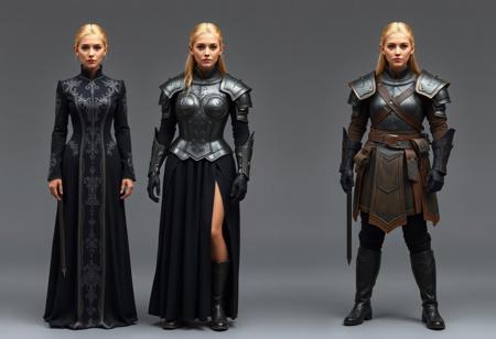 The image represents three variants of women's clothing, presumably uniforms or costumes for a elf epic fantasy film.
On the left: A formal uniform - a long black-colored dress with silver embroidery and decorative elements.
In the center: An elite uniform - a combination of armor (cuirass, bracers) with an black skirt that opens one leg.
On the right: The armor of an Elite warrior is a combination of a vest, shirt, trousers and high boots, complemented by belts, a bag and gloves.
All three clothing options are shown on the same female figure with the same hairstyle. She is blonde european. There is no interaction between objects, no actions take place. Context is the presentation of various costume options, perhaps for a , movie. Photography studio style