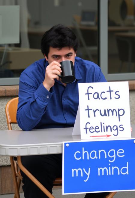 a dark haired gentleman in a long sleeved blue shirt sips coffee from a dark mug while sitting behind a cheep folding table with a sign that says "facts trump feelings | change my mind"