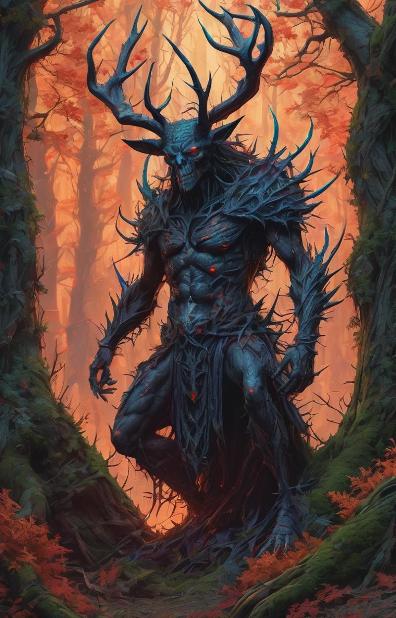A demonic figure with horns and spikes on a tree stump.