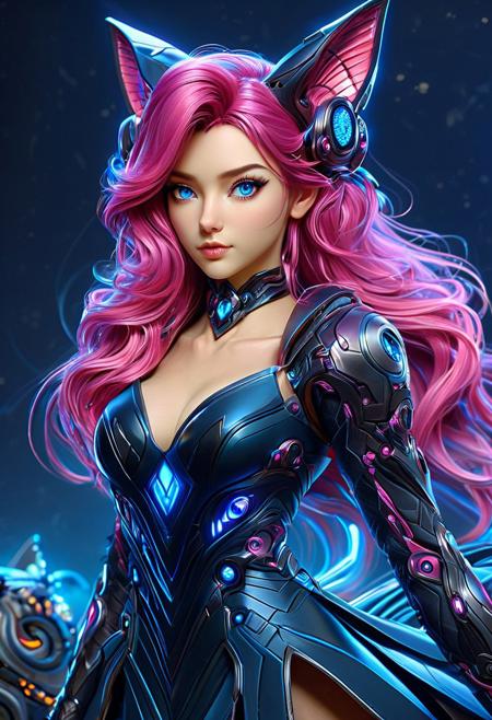 3DMM, high quality, best quality, unrealistically high details, extremely high quality, ultra high detail, good anatomy, masterpiece, high res, crisp lines, realistic, available light, 1girl, 40 years old, gorgeous girl, (((beautiful))), (beautiful face), sexy proportions, (((cyber implants))), cyber arm, cyber eye, ((small boobs)), perfect perky tits, pink hair, long wavy hair, long hair, wavy hair, dog ears, animal_ears, ((blue eyes)), dark blue eyes, sapphire eyes, smoky eyes, beautiful makeup, arrogant, aloof, warrior princess, petite, athletic, black choker, long dress, posing, stylish_pose, dynamic_angle, head_tilt, DonMX3n0XL, (((futuristic))), futurism, postapocalyptic, (((magical))), whimsical, fairytale, fantasy